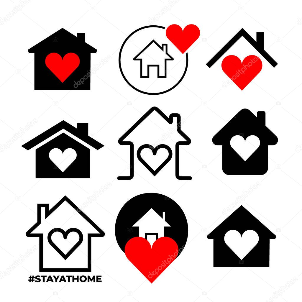 Set of heart with home shape designed as a logo or icon. This icons prepared for Coronavirus COVID-19. Icons shows messages ''Stay at home''. Vector illustration. Isolated on white background.