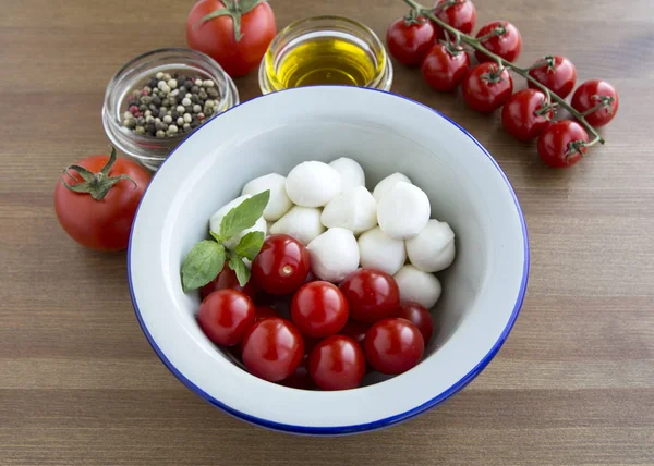 Mozzarella peyniri, domates ve Caprese salatası için taze fesleğen malzemeler 