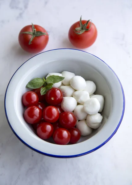 Mozzarella peyniri, domates ve taze fesleğen - mermer taş Caprese salatası için malzemeler üstten görünüm doğal ışık seçici odak arka plan