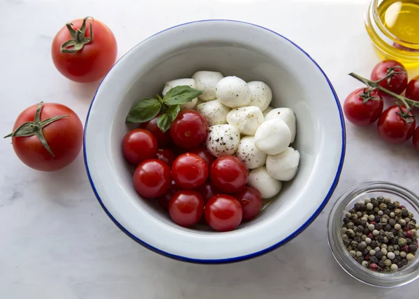 Mozzarella peyniri, domates ve taze fesleğen - mermer taş Caprese salatası için malzemeler üstten görünüm doğal ışık seçici odak arka plan