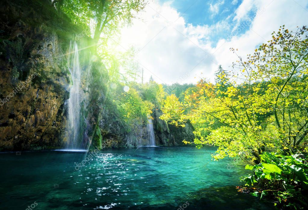 waterfall in forest, Plitvice Lakes, Croatia