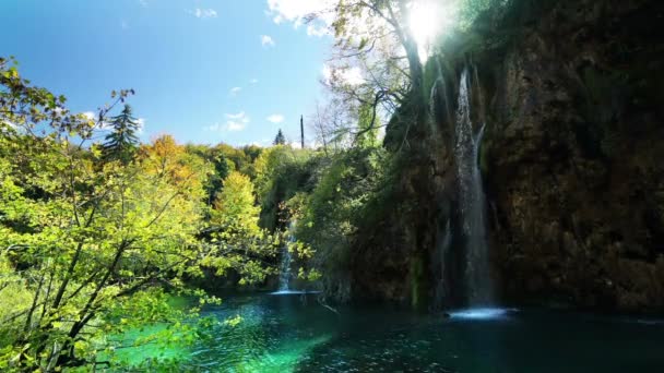 Vízesés az erdőben Plitvicei-tavak Nemzeti Park, Horvátország — Stock videók