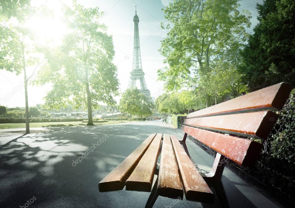 bench in park near Eiffel tower, Paris