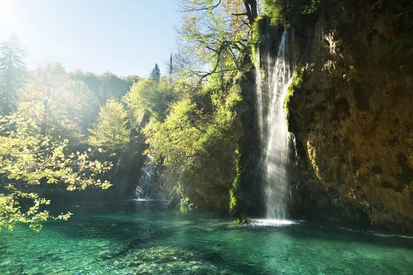 Vízesés az erdőben, Plitvicei-tavak, Horvátország — Stock Fotó