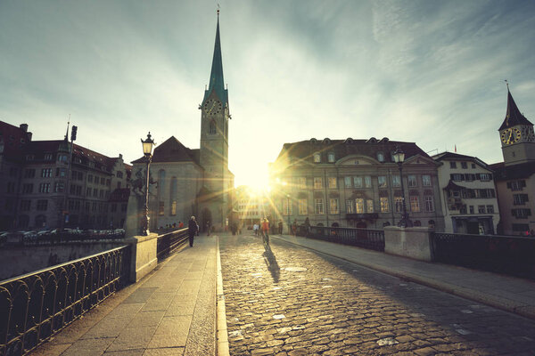 City center of Zurich with famous Fraumunster Church, Switzerland