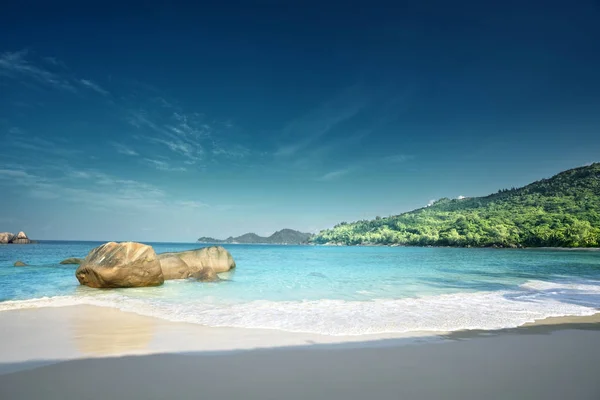 Tramonto Sulla Spiaggia Takamaka Isola Mahe Seychelles — Foto Stock