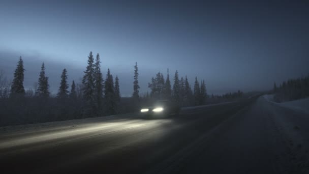 Luces Coche Bosque Invierno — Vídeo de stock