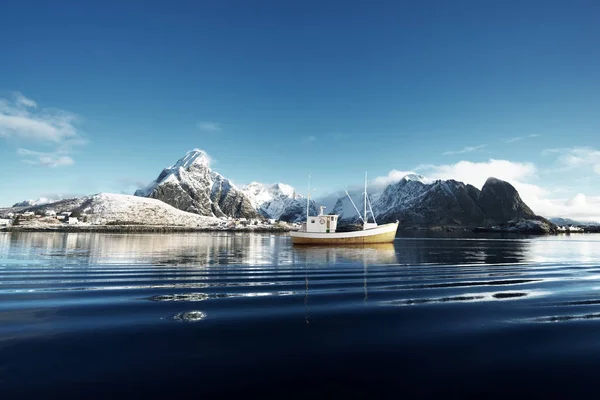 Barco de pesca y Reine Village, Islas Lofoten, Noruega —  Fotos de Stock