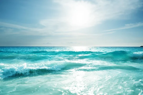 Praia de seychelles na hora do por do sol, efeito do deslocamento da inclinação — Fotografia de Stock