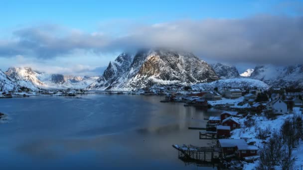 Timelapse Snow Reine Village Islas Lofoten Noruega — Vídeos de Stock