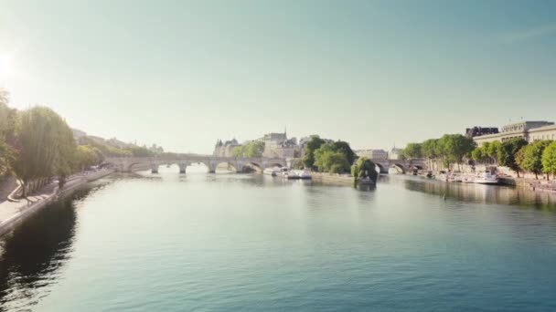 Paris 'teki Seine nehrinin karşısındaki eski köprüdeki Pont des Arts' ın manzarası — Stok video