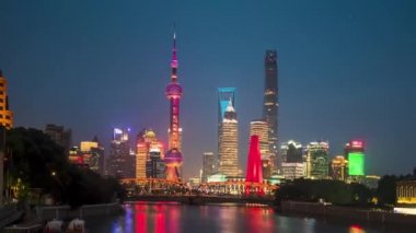 gün batımı, Şangay silueti ve Waibaidu köprüsü, Çin