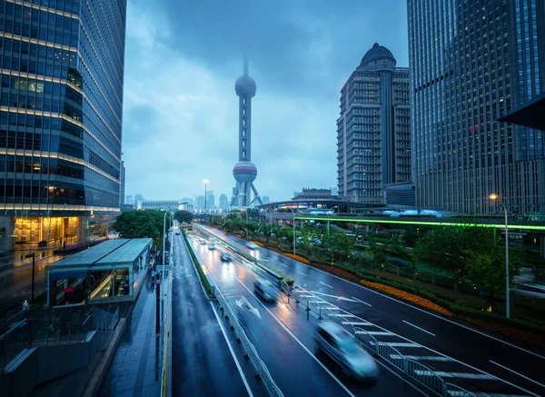 Wet Road Shanghai Lujiazui Financial Center China — Stock Photo, Image