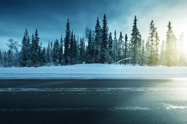 Strada Nella Foresta Invernale Ora Del Tramonto — Foto Stock