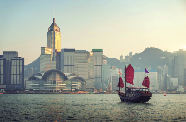 Hong Kong harbour in sunset time