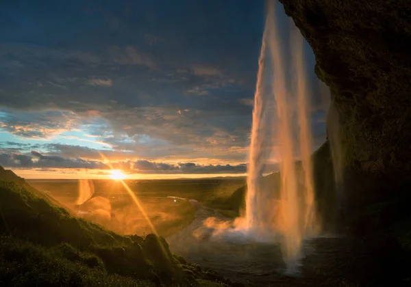 Seljalandsfoss Waterfall Sunset Iceland — Stock Photo, Image