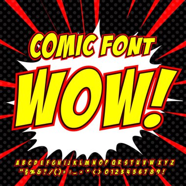 Komik alfabe seti. Harfler, sayılar ve rakamlar çocuklar illüstrasyonlar, Web siteleri, çizgi roman, afiş için