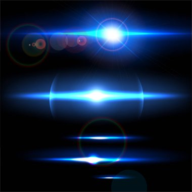 Realistic light glare sparkle, highlight set. Collection of beautiful bright lens flares. Lighting effects of flash. clipart