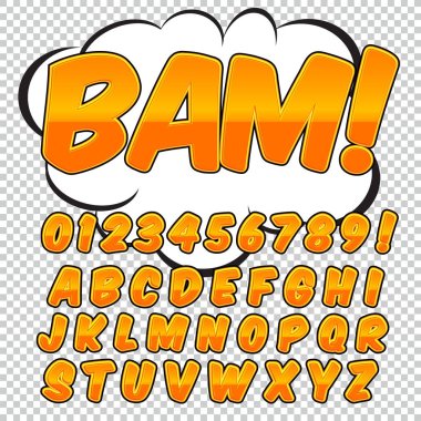 Komik alfabe seti. Harfler, sayılar ve rakamlar çocuklar illüstrasyonlar, Web siteleri, çizgi roman, afiş için