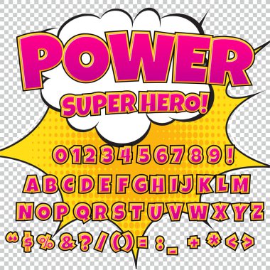 Komik alfabe seti. Harfler, sayılar ve rakamlar çocuklar illüstrasyonlar, Web siteleri, çizgi roman, afiş için