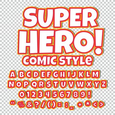 Komik alfabe seti. Harfler, sayılar ve rakamlar çocukların illüstrasyonlar, Web siteleri, çizgi roman, afiş için