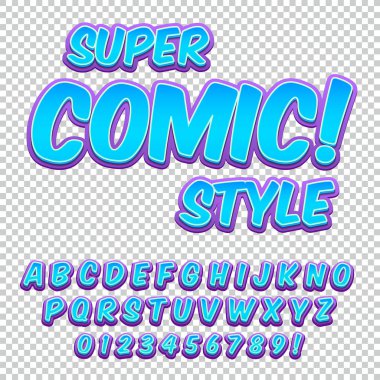 Komik alfabe seti. Harfler, sayılar ve rakamlar çocukların illüstrasyonlar, Web siteleri, çizgi roman, afiş için