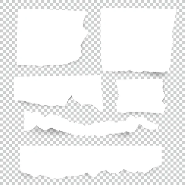Conjunto de hojas de papel rasgadas en blanco. Colección de piezas de nota vectorial con cinta adhesiva — Vector de stock