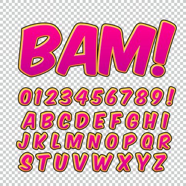 Yaratıcı yüksek detay komik yazı tipi. Alfabe çizgi roman, pop art. Harfler ve şekiller çocuklar dekorasyon için