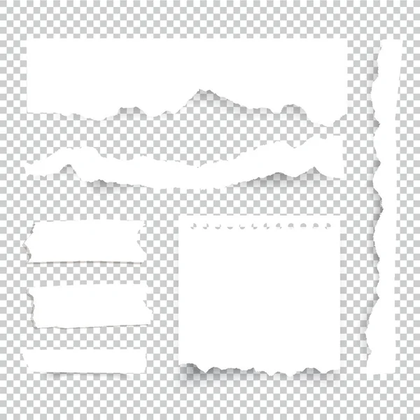 Hojas de papel rasgadas en blanco. Colección de piezas de nota vectorial con cinta adhesiva . — Archivo Imágenes Vectoriales