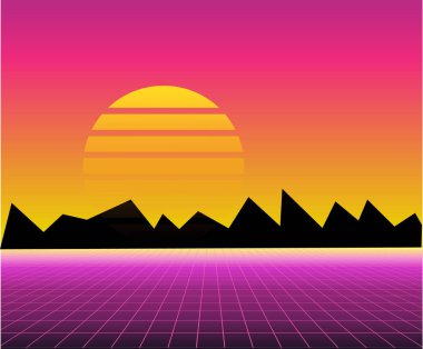 80 lerin gelecekteki retro manzara. 1980'lerde posterler stil vektör fütüristik synth retro dalga çizimde.