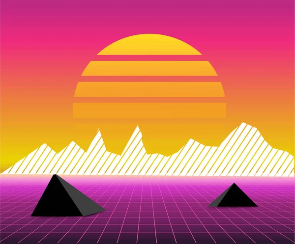Ретро 80-ті сонячний пейзаж футуристичний. Науково-фантастичний стиль 80-х років. Підходить для будь-якого дизайну друку в стилі 80-х років — стоковий вектор