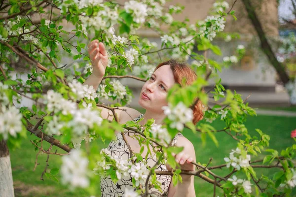 Piękna Dziewczyna Kwiatami Jabłka Wiosnę Zielonym Ogrodzie — Zdjęcie stockowe
