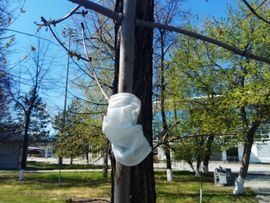 Koronavirüs salgını sırasında ağaçtaki tıbbi maske Tyumen, Rusya, 05.05.2020