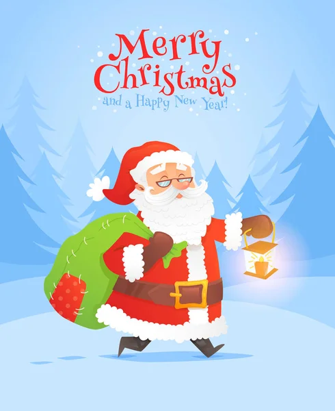 Santa Claus en el bosque Tarjeta de celebración de Navidad — Vector de stock