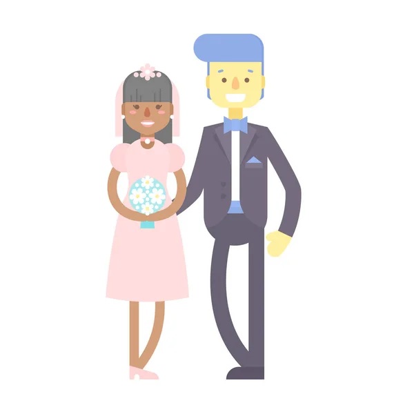 Pareja de boda, lindos personajes planos, novio y novia — Vector de stock