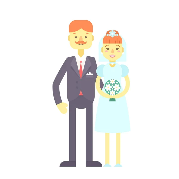 Esküvő házaspár, aranyos lapos karakterek, vőlegény és menyasszony. — Stock Vector