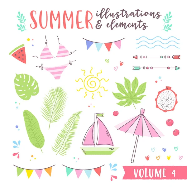 Ilustrações de design de verão com frutas, elem tropical e praia — Vetor de Stock