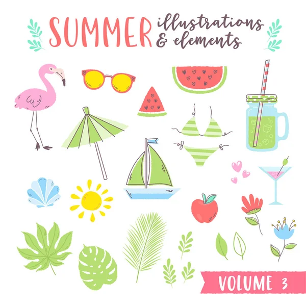 Ilustrações de design de verão com frutas, elem tropical e praia — Vetor de Stock