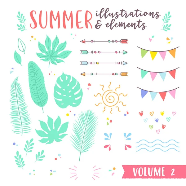 Ilustrações de design de verão com frutas, elem tropical e praia Ilustração De Bancos De Imagens