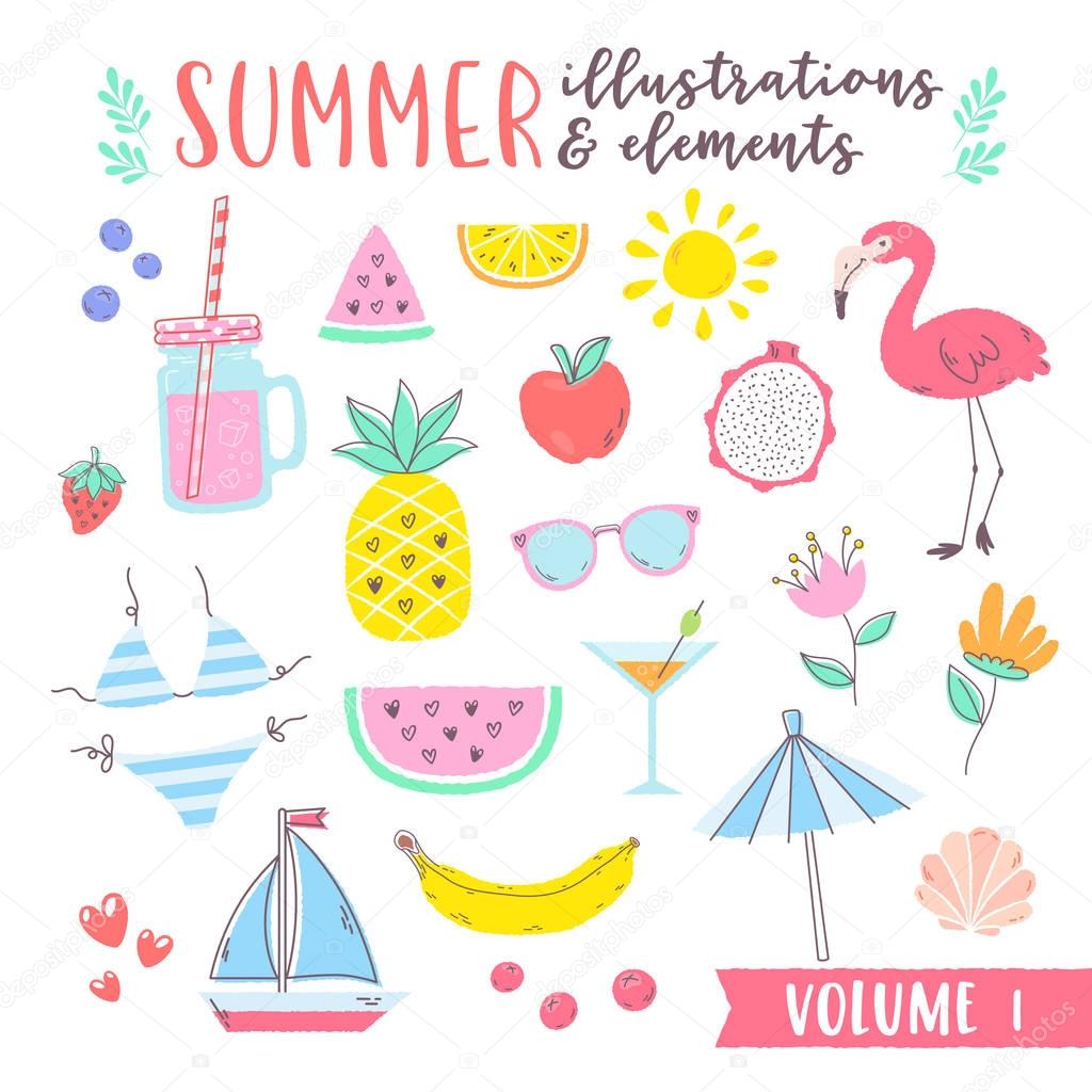 Summer design illustrations with fruits, tropical and beach elem