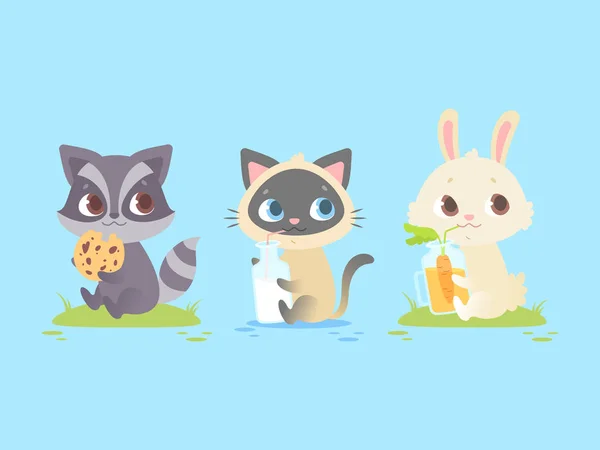 귀여운 아기 동물, 아기 너구리, 고양이, 토끼. 로열티 프리 스톡 일러스트레이션