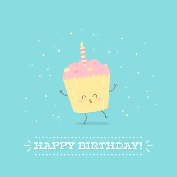 Postal de cumpleaños feliz con cupcake alegre — Vector de stock