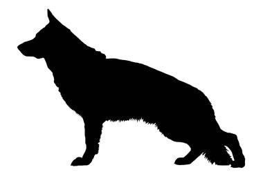 Beyaz arka planda siyah bir köpek silueti.