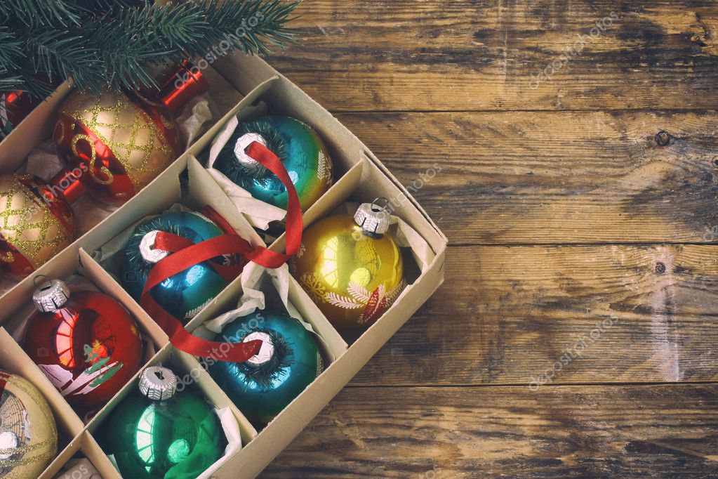 Set Of Vintage Christmas Decorations In Box Stock Photo