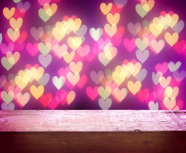 Alla hjärtans dag bakgrund, gamla träbord, suddig ljus — Stockfoto