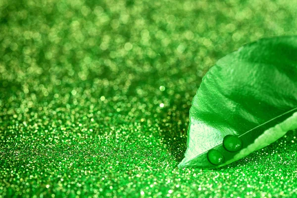 Zielony liść z kropelkami wody — Zdjęcie stockowe