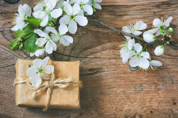 Ajándék doboz és egy ág virágzó szilva — Stock Fotó