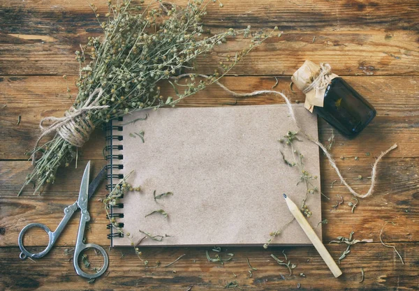 bunch of herb wormwood, jars of oil, scissors, notebook