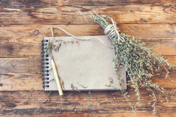 Bunch of dry herb wormwood, notepad for writing — Stock Photo, Image