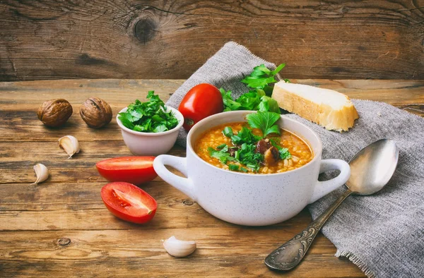 Kharcho のスープ、米、牛肉、トマトからの白いボウル — ストック写真